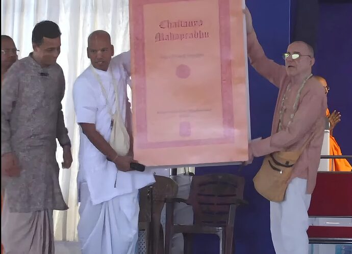 Hari-Sauri-Dasa-officially-launches-BRCs-reprint-of-Chaitanya-Mahaprabhu-His-Life-and-Precepts-in-Mayapur-along-with-Braja-Vilasa-Dasa-scaled